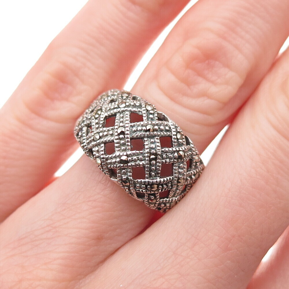 925 Sterling Silver Vintage Real Marcasite Woven Oxidized Ring Size 5.75